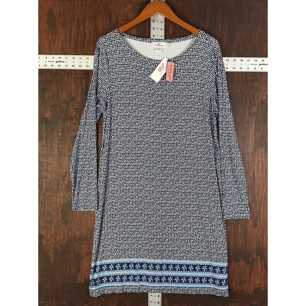 Vineyard Vines PopOver Shift Sheath Shirt Dress Dots Floral Blue Women Large NEW